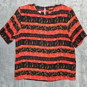 Christie Jill Women's blouse Silk Lg red black pullon short sleeve